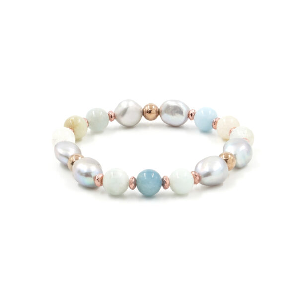 Bracciale elastico con acquamarina, perla grigia e ematite
