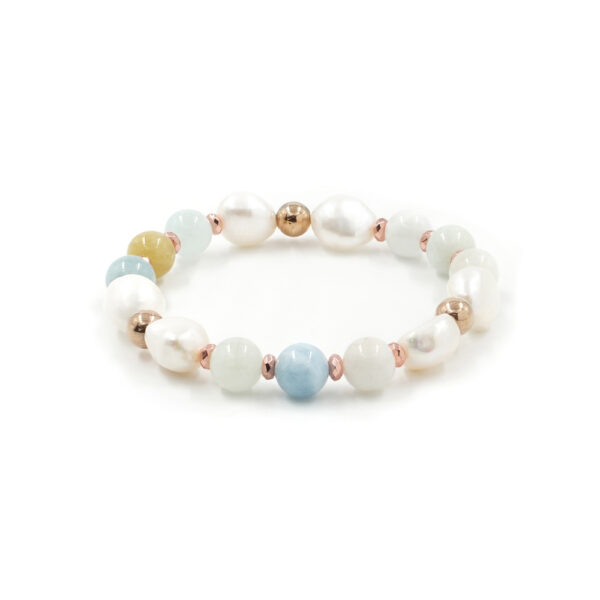 Bracciale elastico con acquamarina, perla e ematite