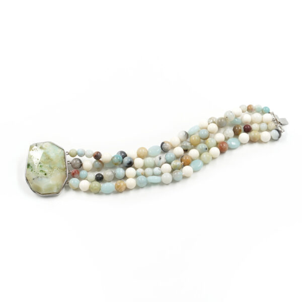 Multistrands Bracelet with amazonite, bone and chrysoprase and sterling silver clasp - Rhodium Color