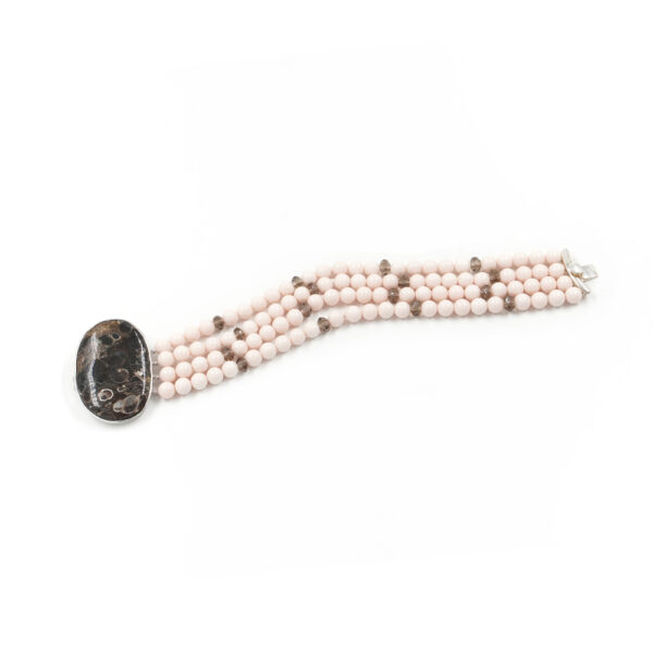 Multistrands Bracelet with recon pink coral, sapphire, turitella and sterling silver clasp – Rhodium Color