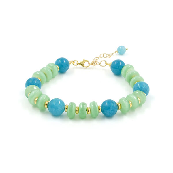 Bracciale con occhio di gatto verde e quarzo azzurro con chiusura in argento 925 &ndash; Dorato