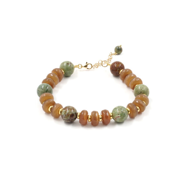 Bracciale con occhio di gatto marrone, riolite e opale verde con chiusura in argento 925 &ndash; Dorato
