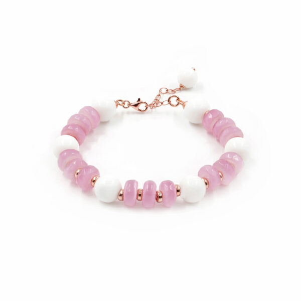 Bracciale con occhio di gatto rosa e agata bianca con chiusura in argento 925 &ndash; Rosato