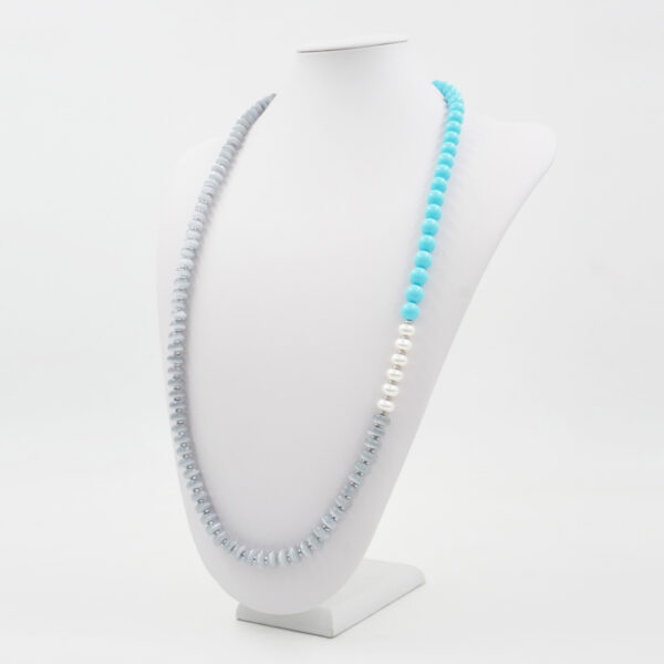 Necklace with grey cat eye, hematite, recon turquoise, pearl and sterling silver clasp – Rhodium Color