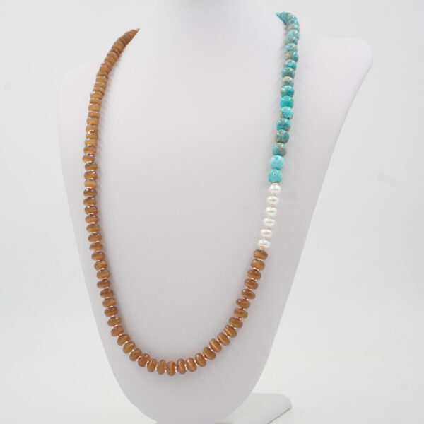 Necklace with brown cat eye, hematite, imperial jasper, pearl and sterling silver clasp – Rose Color
