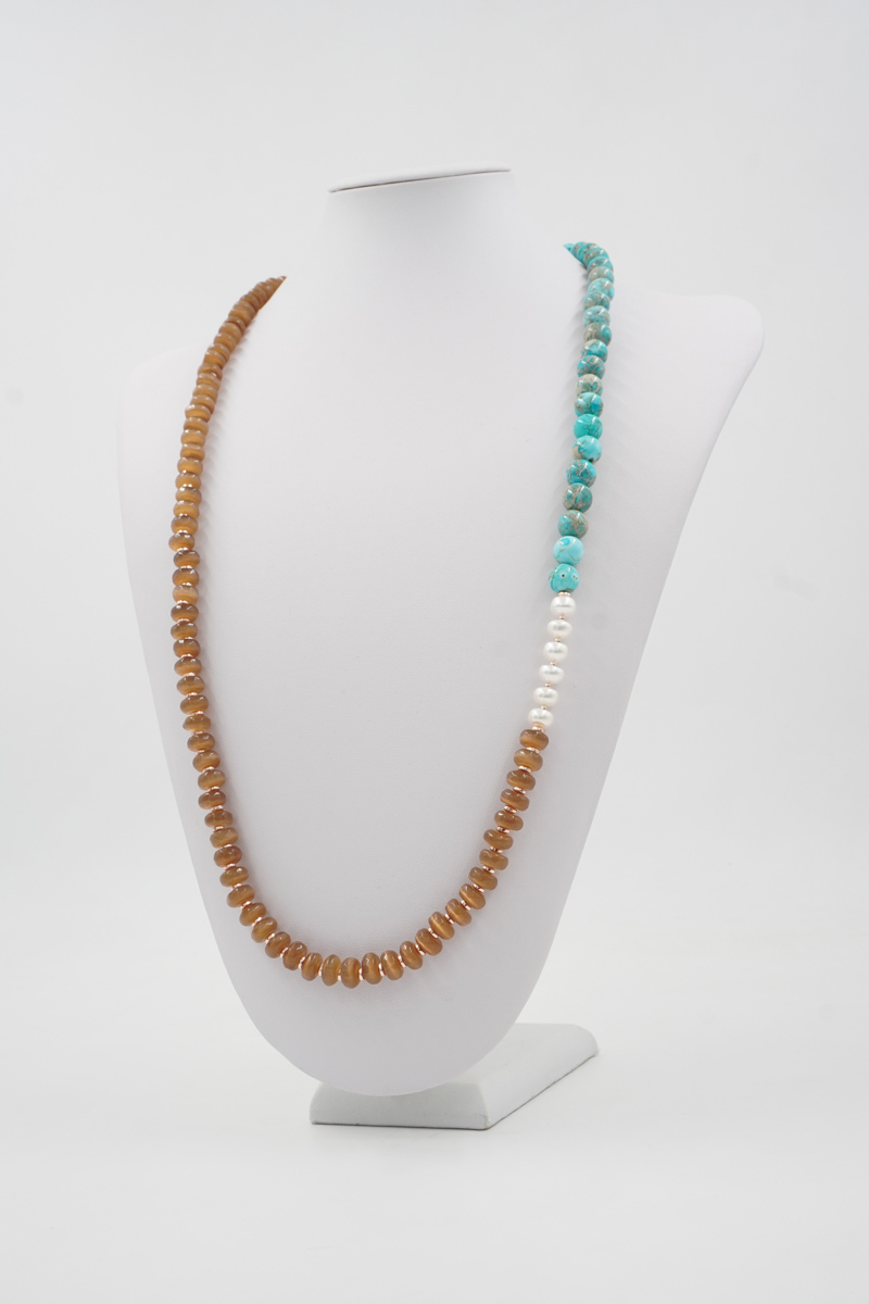 Collana con occhio di gatto marrone, ematite, diaspro imperiale, perla e chiusura in argento 925 – Rosato