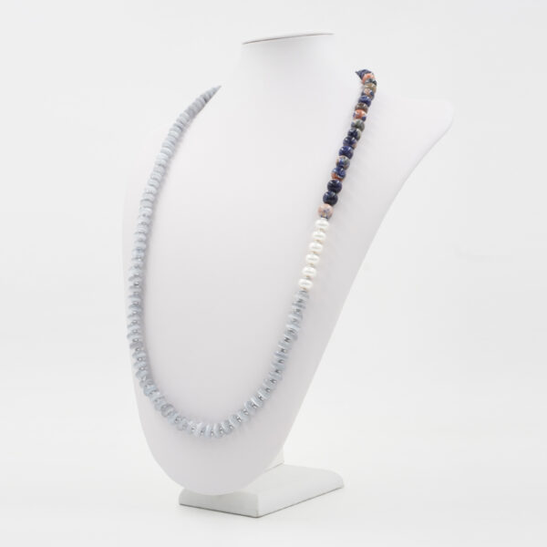 Necklace with grey cat eye, hematite, orange sodalite, pearl and sterling silver clasp – Rhodium Color