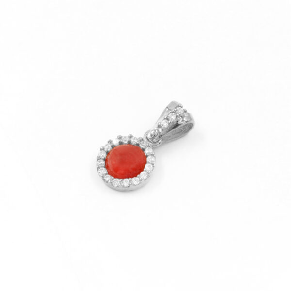 Sterling Silver pendant with red coral round shape and zircons &ndash; Rhodium Color
