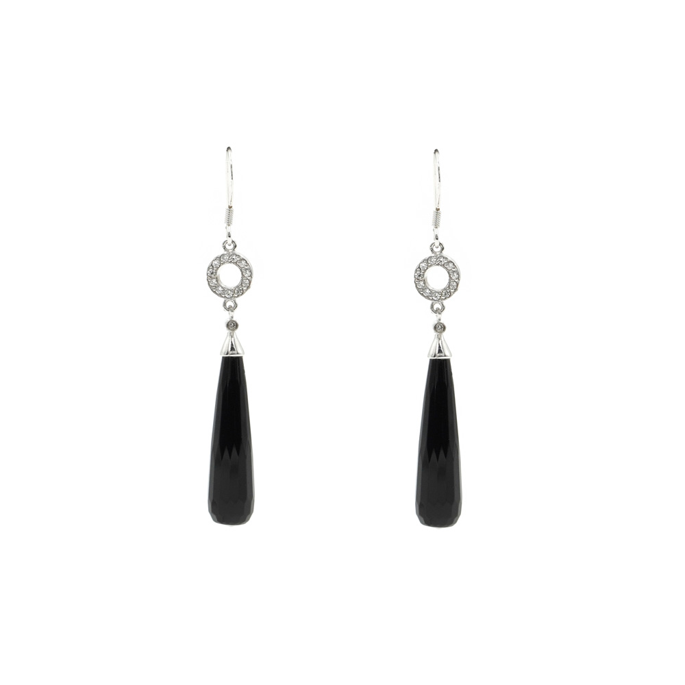 Sterling Silver Earrings with zircons and faceted black agate