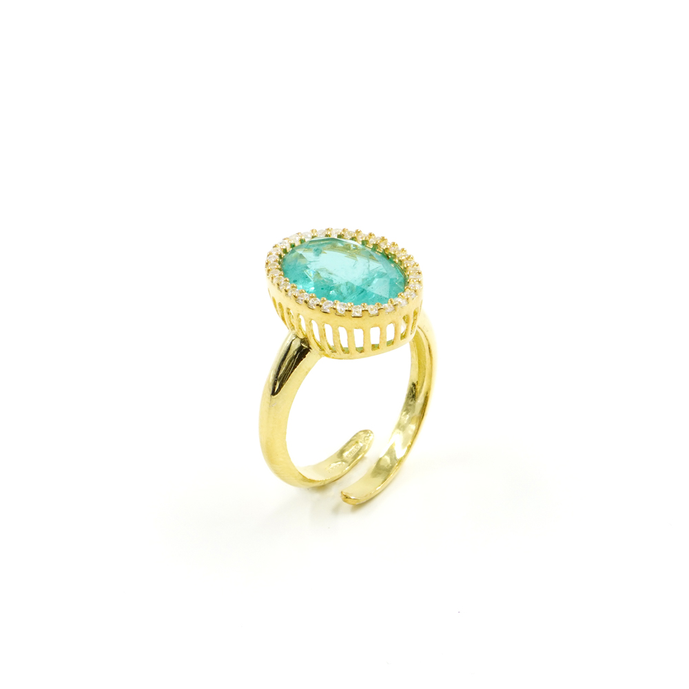 Sterling silver ring with zircons and green color crystal (paraiba) – Golden Color - Image 2