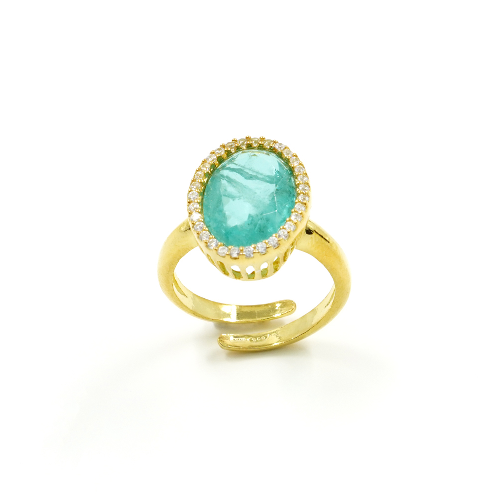 Sterling silver ring with zircons and green color crystal (paraiba) – Golden Color