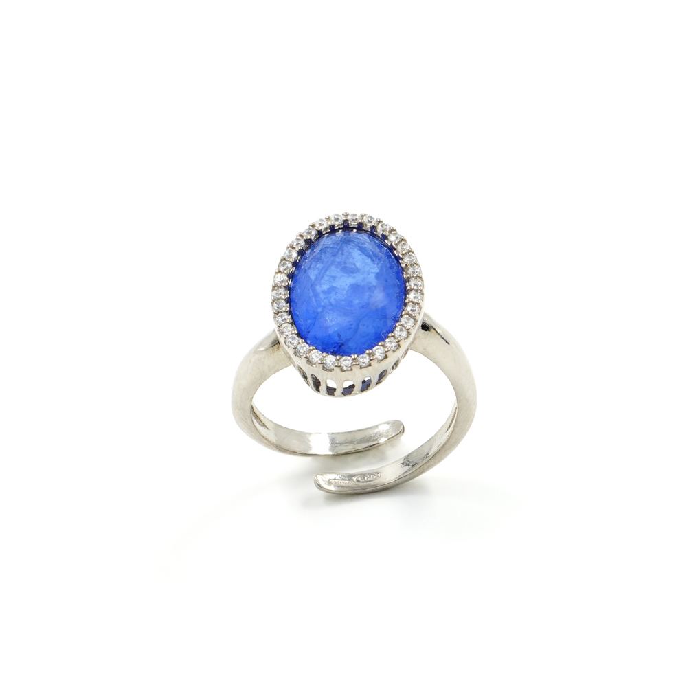 Sterling silver ring with zircons and sapphire color crystal – Platinum Color