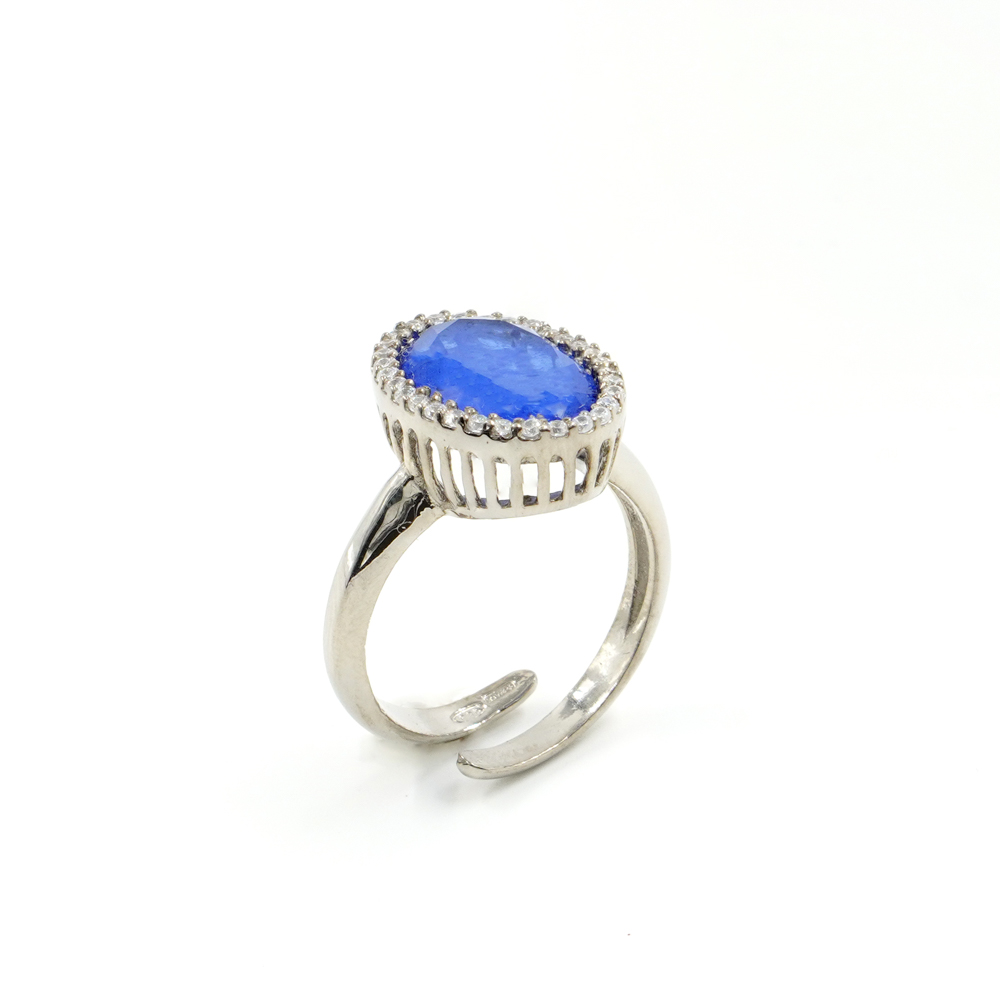Sterling silver ring with zircons and sapphire color crystal – Platinum Color - Image 2