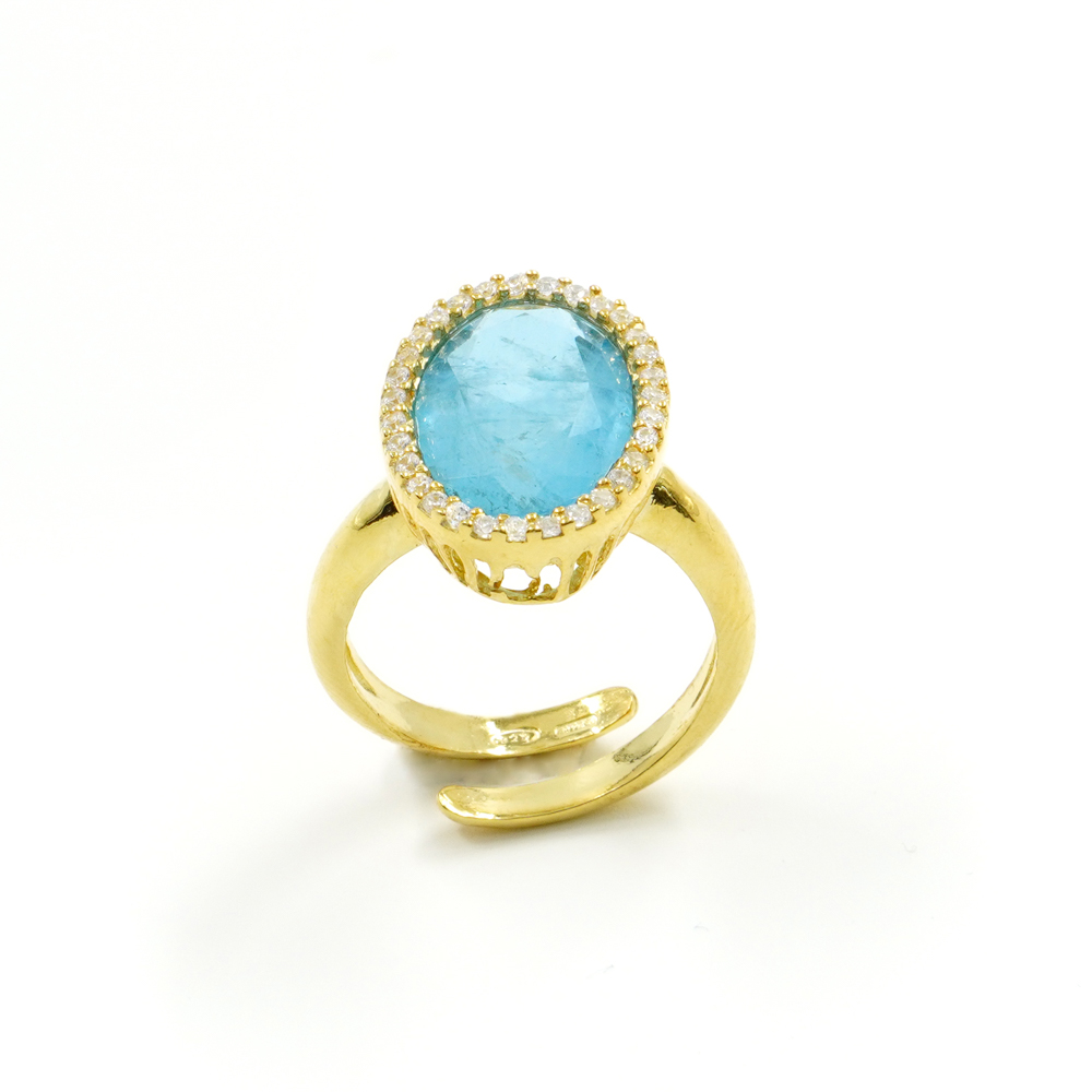 Anello in argento 925 con zirconi e cristallo colore acquamarina - Dorato