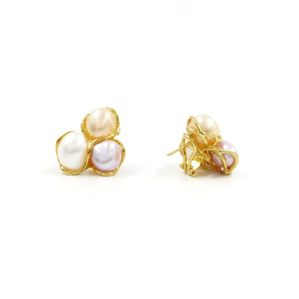 Sterling Silver Earrings with three multicolor pearls – Golden Color