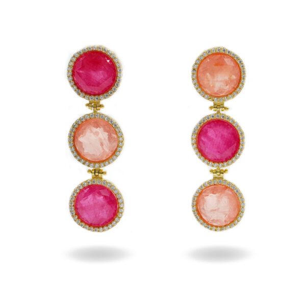 Sterling Silver Earrings with white zircons and red and orange crystal – Golden Color