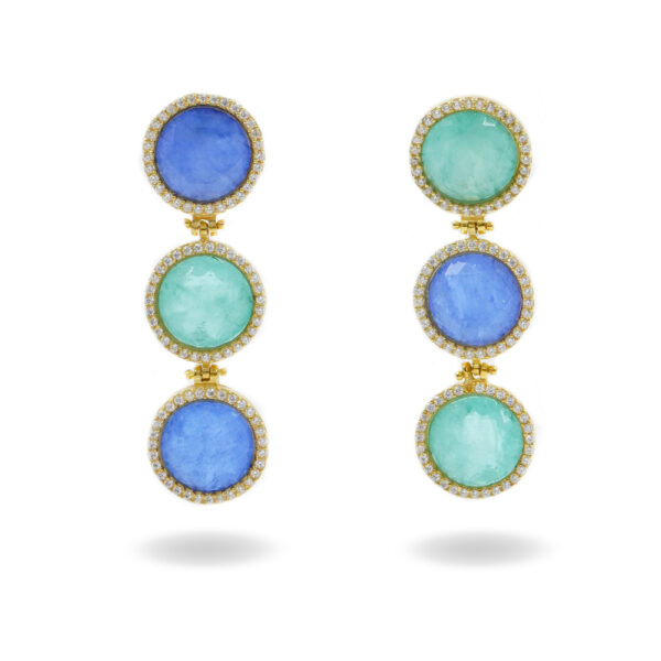 Sterling Silver Earrings with white zircons and blue and green crystal – Golden Color