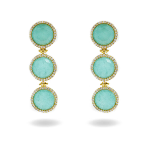 Sterling Silver Earrings with white zircons and green crystal – Golden Color