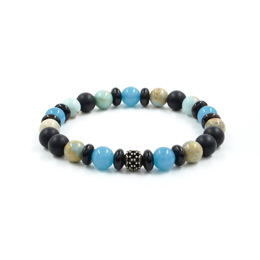 Elastic bracelet with black agate, light blue jasper, imperial jasper, sterling silver element