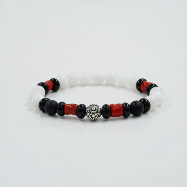 Elastic bracelet with white moonstone, black agate, coral, sterling silver element
