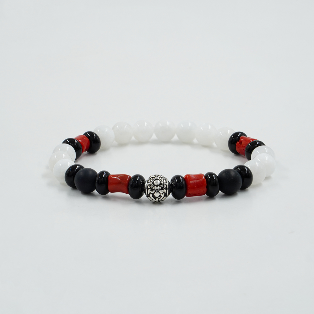 Elastic bracelet with white moonstone, black agate, coral, sterling silver element
