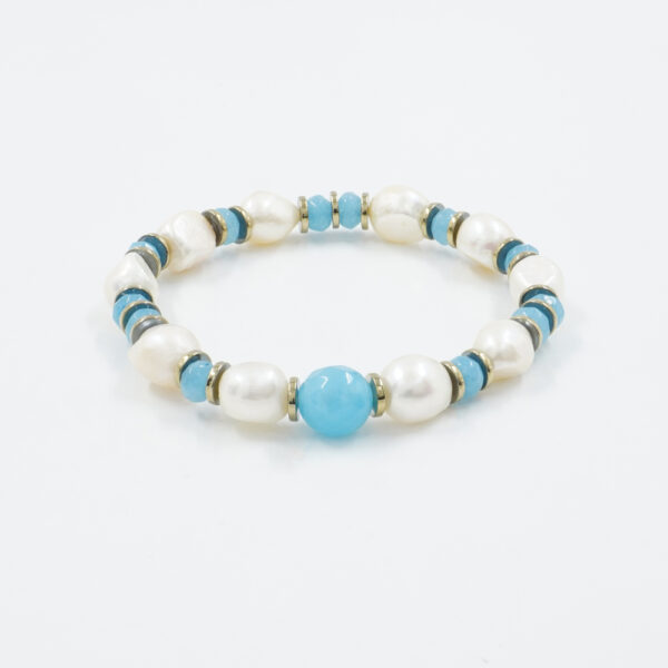 Bracciale elastico con perle, quarzo azzurro, ematite