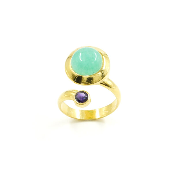 Sterling silver ring with green sponge quartz and cubic zirconia – Golden Color
