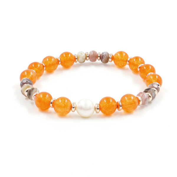 Bracciale Elastico con giada tinta arancio, agata botswana, perla, ematite