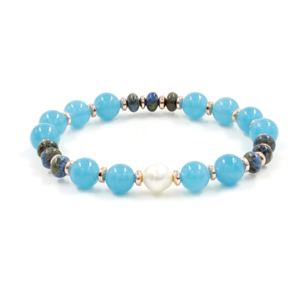 Bracciale Elastico con quarzo spugna azzurro, sodalite arancio, perla, ematite
