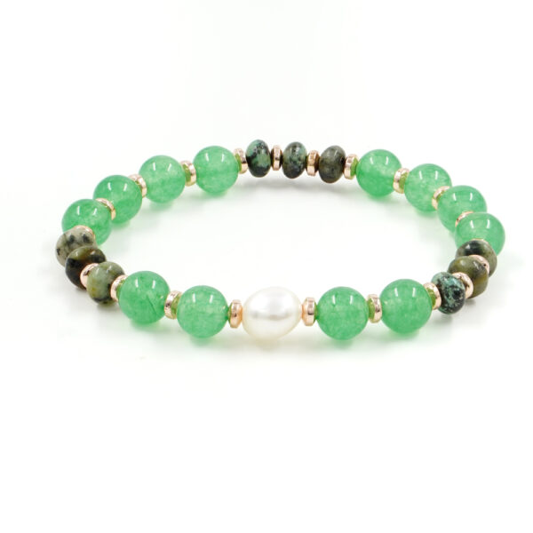 Bracciale Elastico con giada tinta verde, turchese africano, perla, ematite