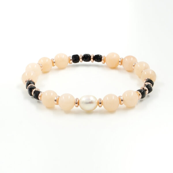 Bracciale Elastico con quarzo spugna rosa, spinello nero, perla, ematite