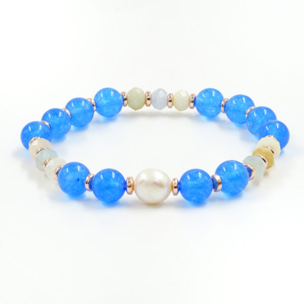 Bracciale Elastico con giada tinta azzurra, acquamarina, perla, ematite