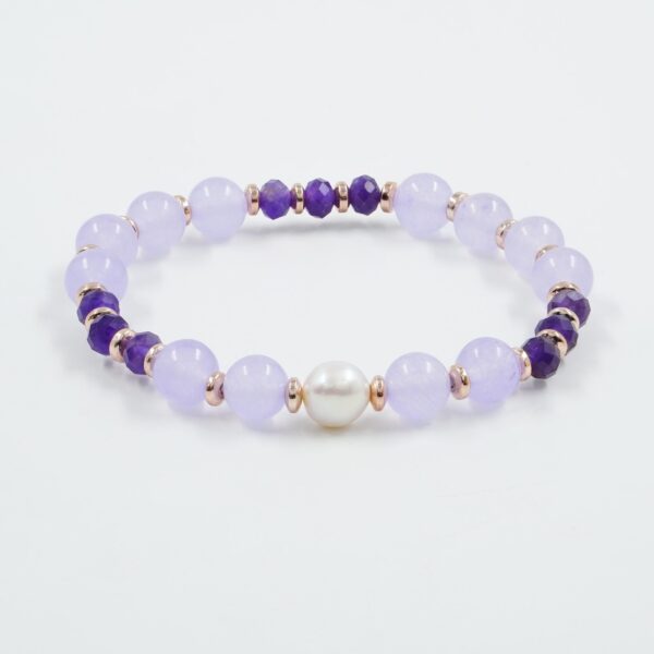 Bracciale Elastico con giada tinta viola, ametista, perla, ematite