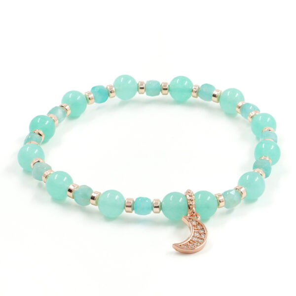 Bracciale Elastico con quarzo verde tinto, amazzonite, ematite, elemento in ottone rosato forma luna con zirconi