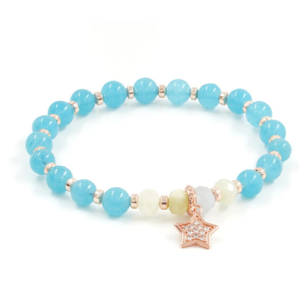 Bracciale Elastico con quarzo spugna azzurro, acquamarina, ematite, elemento in ottone rosato forma stella con zirconi