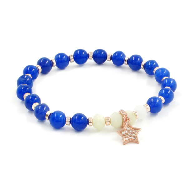 Bracciale Elastico con quarzo spugna blu, acquamarina, ematite, elemento in ottone rosato forma stella con zirconi