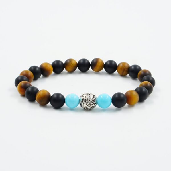 Elastic Bracelet with frosted tiger eye, frosted black agate, recon turquoise, sterling silver element