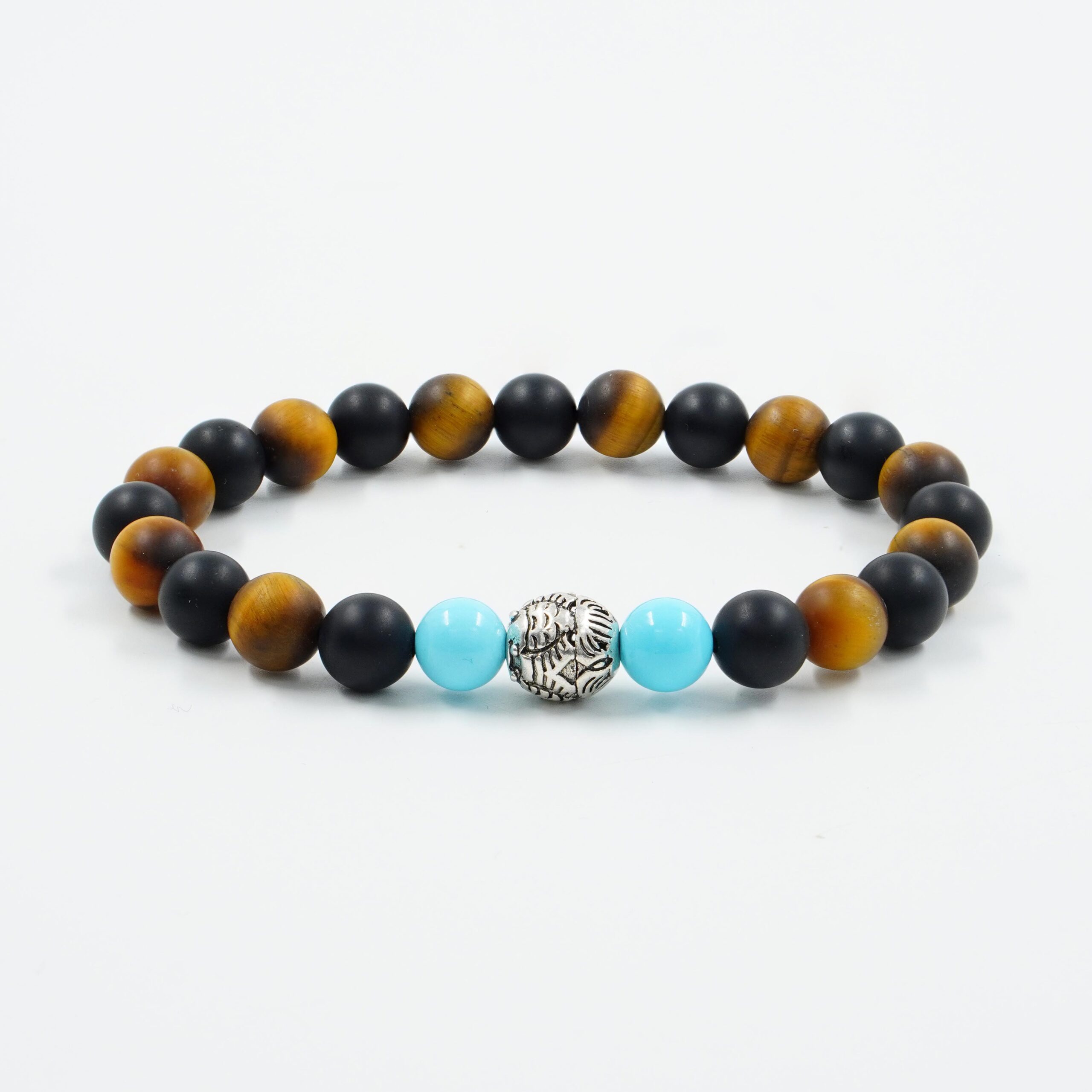 Elastic Bracelet with frosted tiger eye, frosted black agate, recon turquoise, sterling silver element