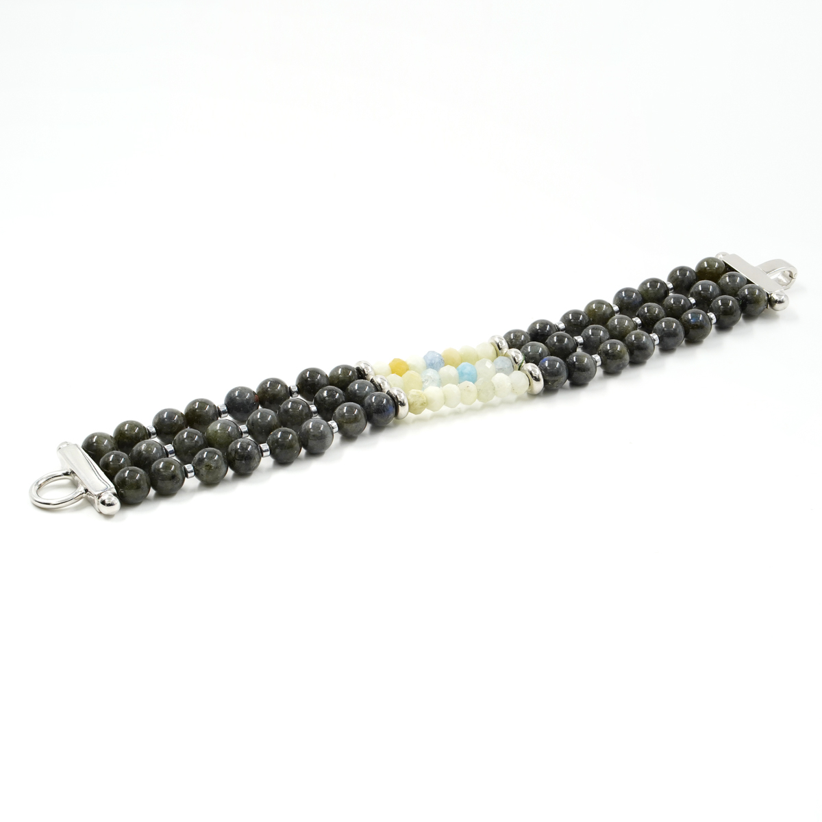 Bracciale Multifilo con labradorite, acquamarina, chiusura in argento 925 – Rodiato