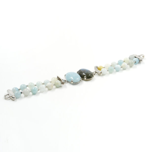 Multistrand Bracelet with aquamarine, labradorite, sterling silver clasp – Platinum Color