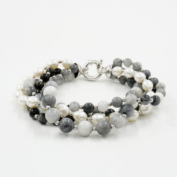 Multistrand Bracelet with eagle eye, pearl, hematite, sterling silver clasp – Rhodium Color
