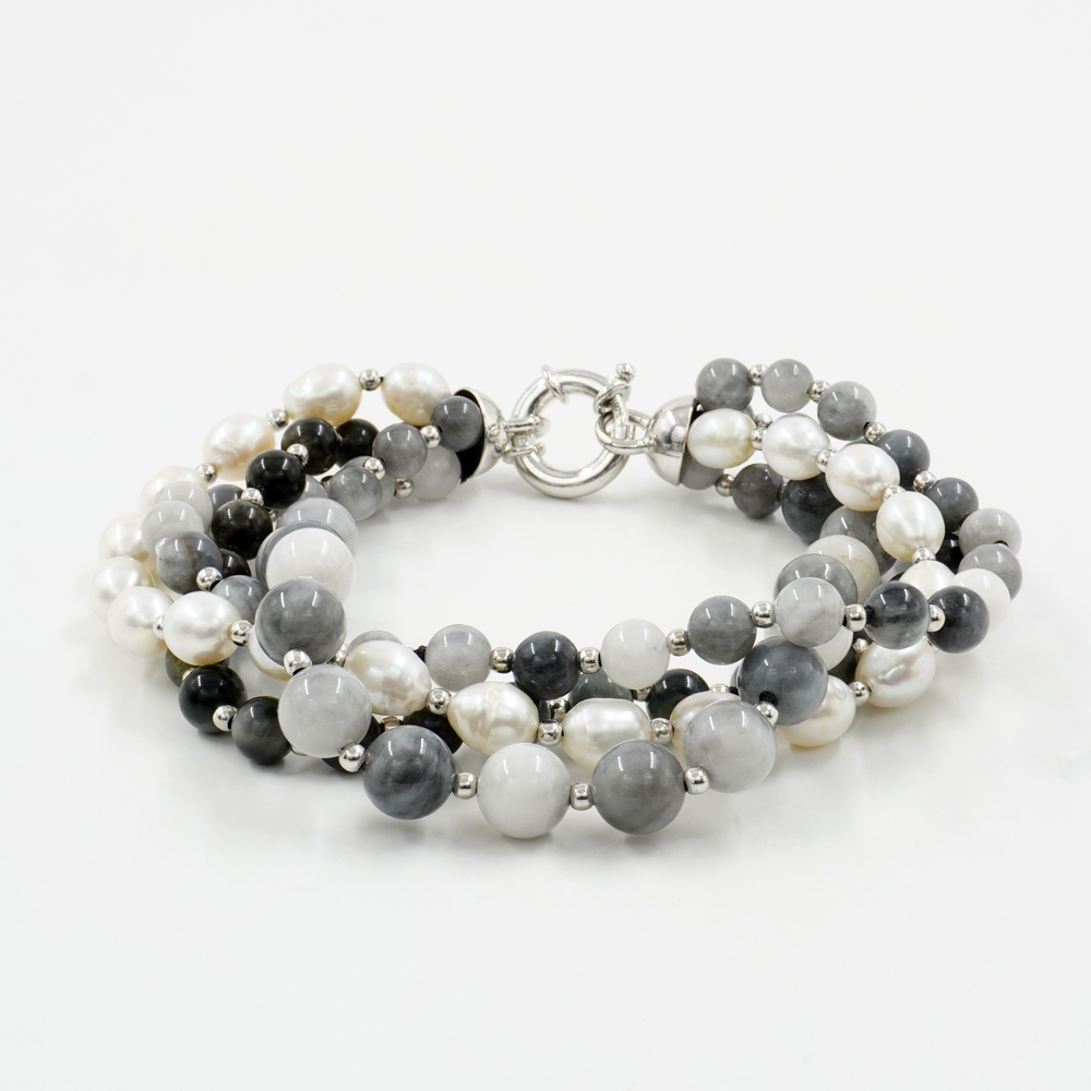 Bracciale Multifilo con occhio d'aquila, perla, ematite, chiusura in argento 925 – Rodiato