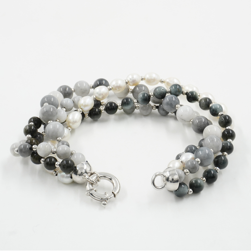 Bracciale Multifilo con occhio d'aquila, perla, ematite, chiusura in argento 925 – Rodiato - immagine 2