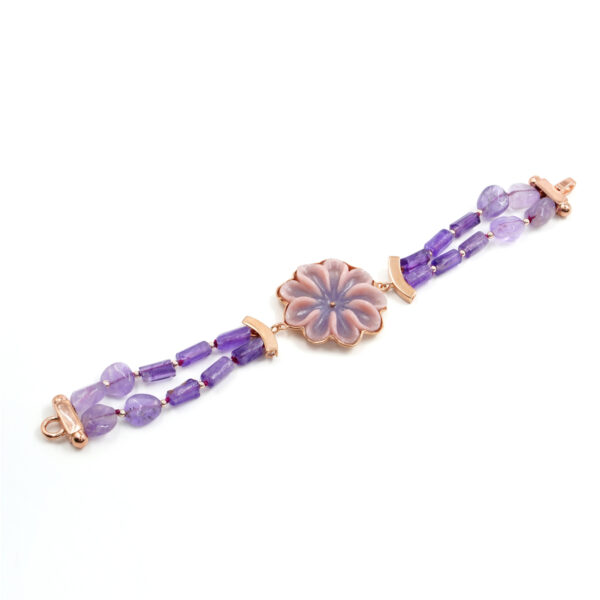 Multistrand Bracelet with amethyst, semiprecious stone flower, hematite, sterling silver clasp – Rose Color