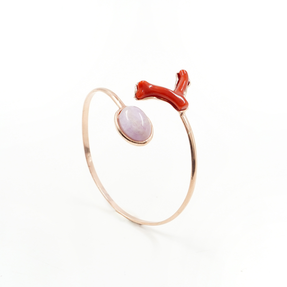 Bracciale rigido in argento 925 con kunzite, ramo corallo – Rosato