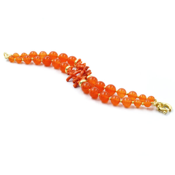 Multistrand Bracelet with orange dyed jade, coral, hematite, sterling silver clasp – Golden Color