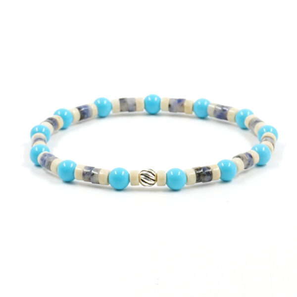 Elastic Bracialet with recon turquoise, sodalite, fossil jasper, sterling silver element