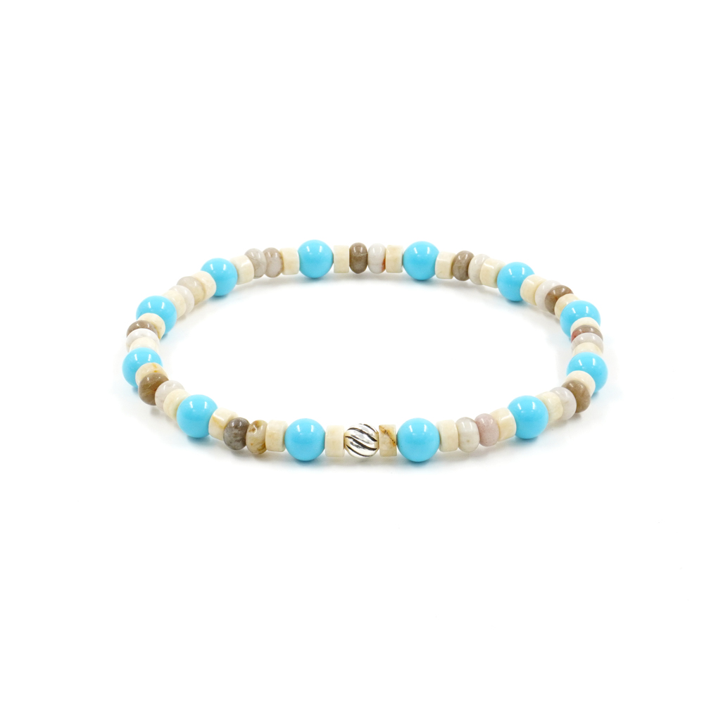 Elastic Bracialet with recon turquoise, astrophilite, fossil jasper, sterling silver element