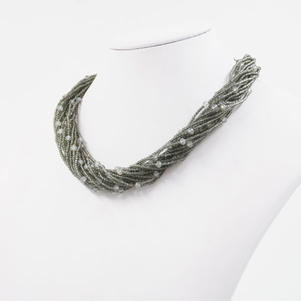 Multistrand Necklace with grey zircons, labradorite, sterling silver clasp – Rhodium Color