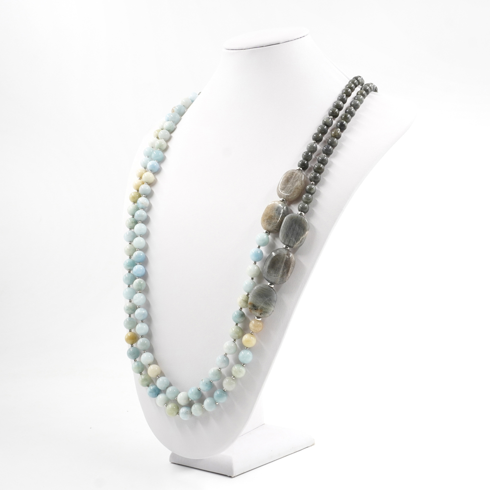 Collana Multifilo con labradorite, acquamarina, ematite, chiusura in argento 925 – Rodiato